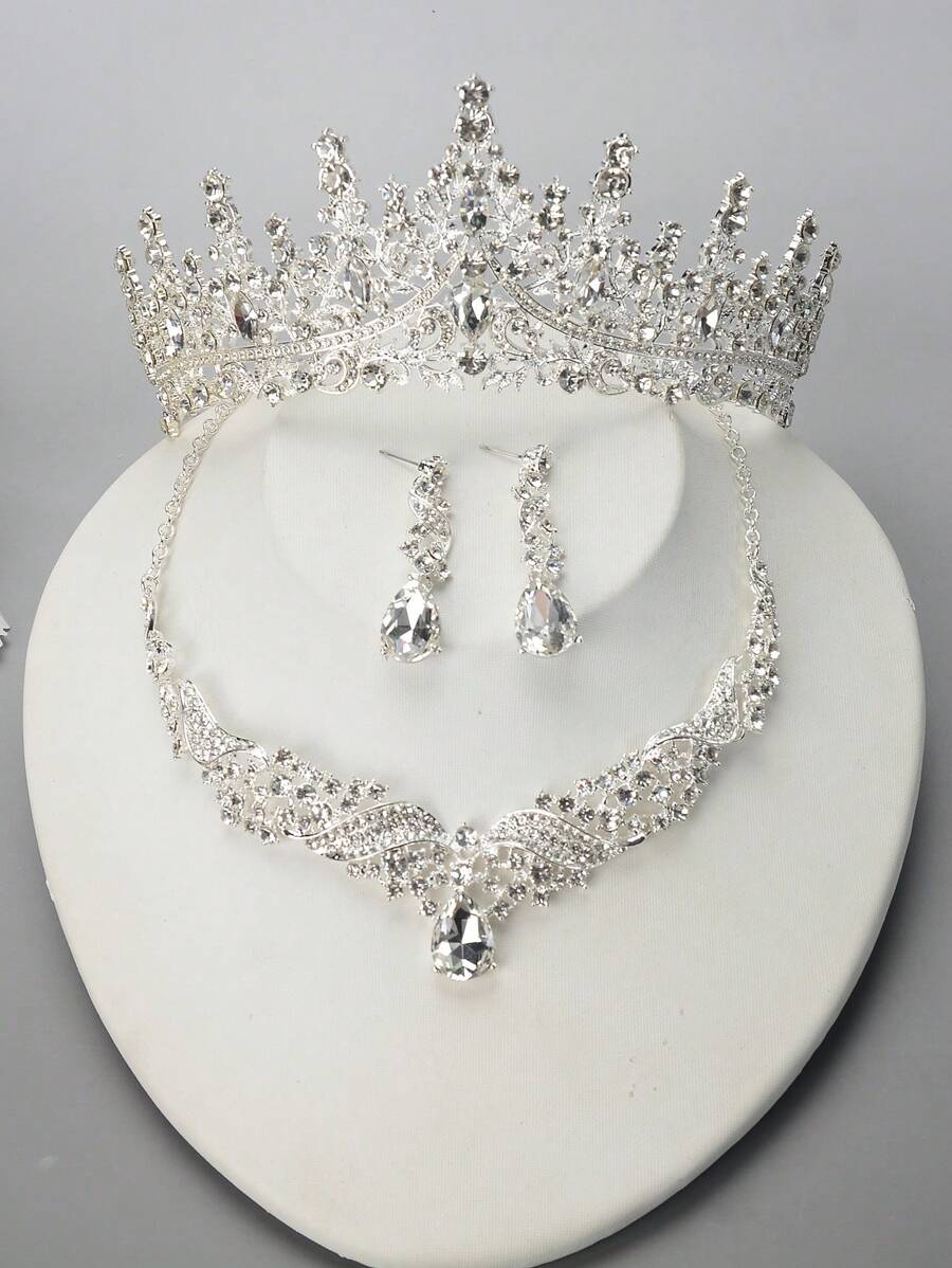4入組 時尚合金鑲鑽玻璃皇冠項鍊和耳環套裝，適用於女士參加婚禮和派對