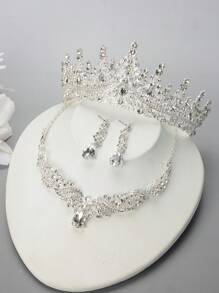 4入組 時尚合金鑲鑽玻璃皇冠項鍊和耳環套裝，適用於女士參加婚禮和派對