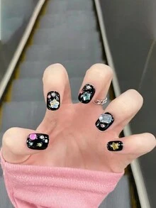 24pcs Mermaid Bubble Beads & Star Rhinestone Decorated Artificial Nail Tips Set, Including 1 Jelly Glue & 1 Nail File - Multicolor - View 1