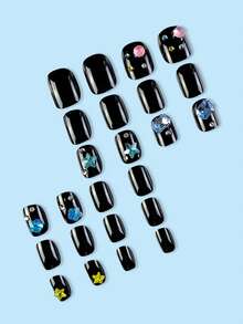 24pcs Mermaid Bubble Beads & Star Rhinestone Decorated Artificial Nail Tips Set, Including 1 Jelly Glue & 1 Nail File - Multicolor - View 2