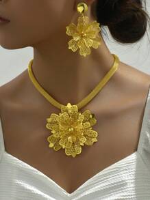 3 件套奢华夸张欧美风格优雅镂空花卉项链和耳环首饰套装，适合女士新娘和派对配饰 - 金黃色 - 查看 2