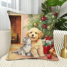 聖誕節卡通動物紋路毛絨靠墊套,可愛的貓和狗印花方形枕套,節日家居裝飾 - 彩色 - 查看 8