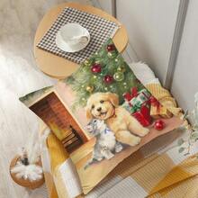 聖誕節卡通動物紋路毛絨靠墊套,可愛的貓和狗印花方形枕套,節日家居裝飾 - 彩色 - 查看 7