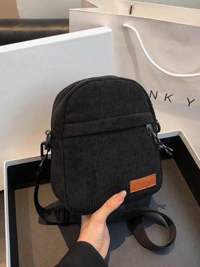 حقيبة كروس صغيرة من النايلون بلون سادة مع حزام مطبوع جميل وجيب خفي، موضة الشارع 17*21*7 سم مثالية لحمل الهاتف والضروريات اليومية حقيبة هاتف جراب هاتف، محفظة، حقيبة كروس صغيرة للنساء