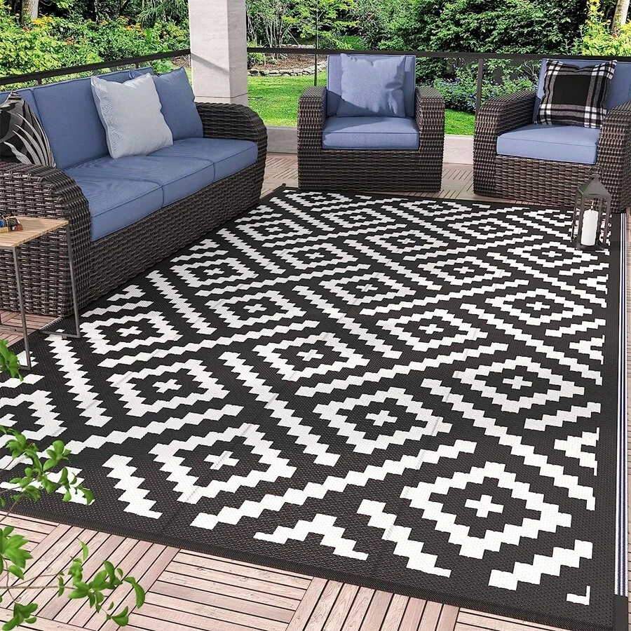 Outdoor Rugs 4x6ft Waterproof, Reversible Mats, Outdoor Area Rug, Plastic Outside Carpet, Geometric Rv Mat for Patio Camping Rv Picnic Backyard Deck Balcony Porch Beach,Garden decoration - Black and White - View 1