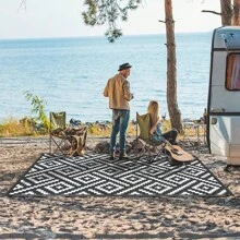 Outdoor Rugs 4x6ft Waterproof, Reversible Mats, Outdoor Area Rug, Plastic Outside Carpet, Geometric Rv Mat for Patio Camping Rv Picnic Backyard Deck Balcony Porch Beach,Garden decoration - Black and White - View 2
