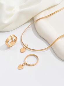 Conjunto De Joyas Con Diseño Metálico Simple Y En Forma De Corazón Adecuado Para El Lugar De Trabajo Maduro. Conjunto De 1 Collar Y 2 Anillos - Amarillo Oro - Ver 3