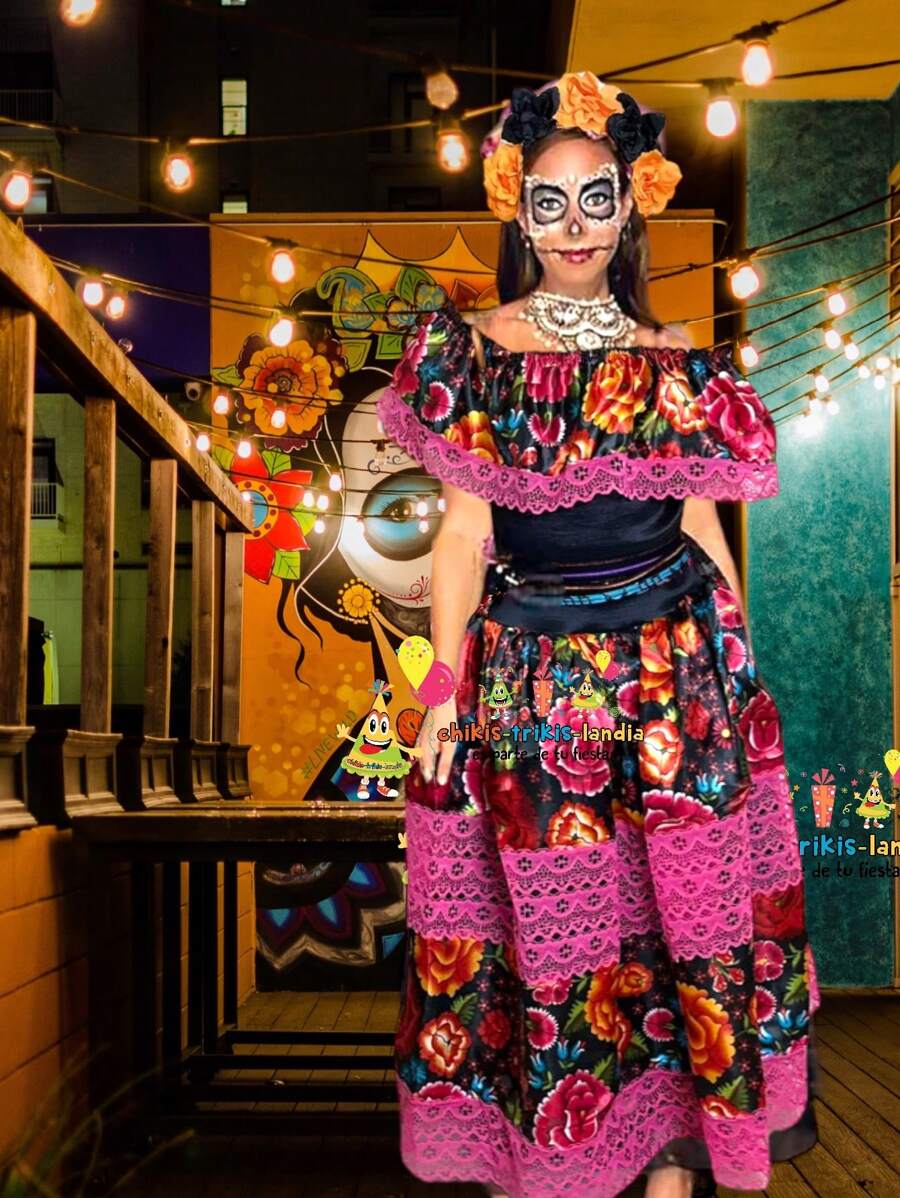 Halloween Mexican CATRINA Costume Floral FridITA Type Dress With Flower Headband With Veil CATRINA Halloween Costume, Party Clothing, Suitable For Celebrating Day Of The Dead, Halloween Parties Or Performances, CARNIVAL - 彩色 - 查看 1