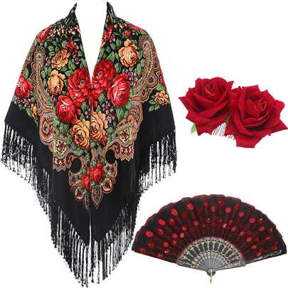 Set da 3 pezzi Sciarpa tradizionale messicana da donna con nappine, scialle con frange a rose, fermaglio per capelli con fiore e ventaglio pieghevole con paillettes a forma di pavone, adatto per costumi, abiti flamenco e Giorno dei Morti, Ognissanti