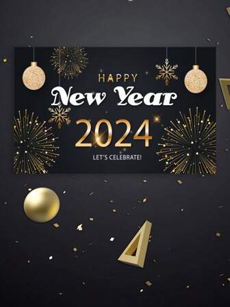 1pc New Year Backdrop 2024, Christmas & New Year's Eve Fireworks & Happy Design Black & Gold Festival Ornament Banner