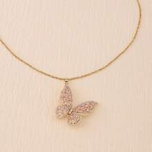 1 件蝴蝶水钻吊坠轻奢潮流镀铜 14k 金项链，适合女性生日礼物或日常佩戴