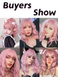 14 吋粉紅色瀏海假髮女女孩短捲髮鮑伯假髮適合日常使用粉紅色假髮,萬聖節角色扮演服裝派對假髮