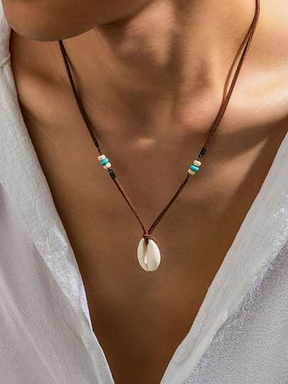 1pc Fashionable Bohemian Style Personalized Suede Cord Spliced With Beads & Shell Pendant Clavicle Necklace For Unisex, Couple