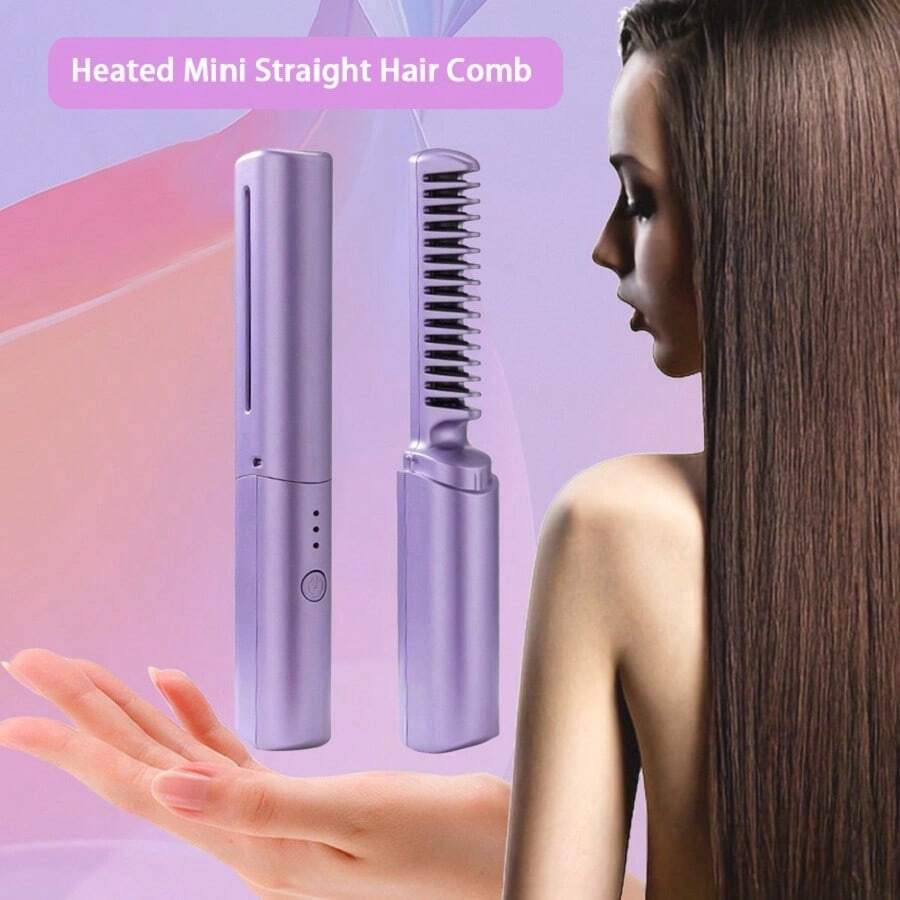 1 Miếng 2 trong 1 Điện lực Không dây Máy duỗi tóc Lược , 3 cấp độ Có thể điều chỉnh Có thể mang đi Nóng Lược , Sạc Usb Mini Bàn chải duỗi tóc , Thẳng Và Trơn tru Phong cách tóc - Màu tím - Xem 1