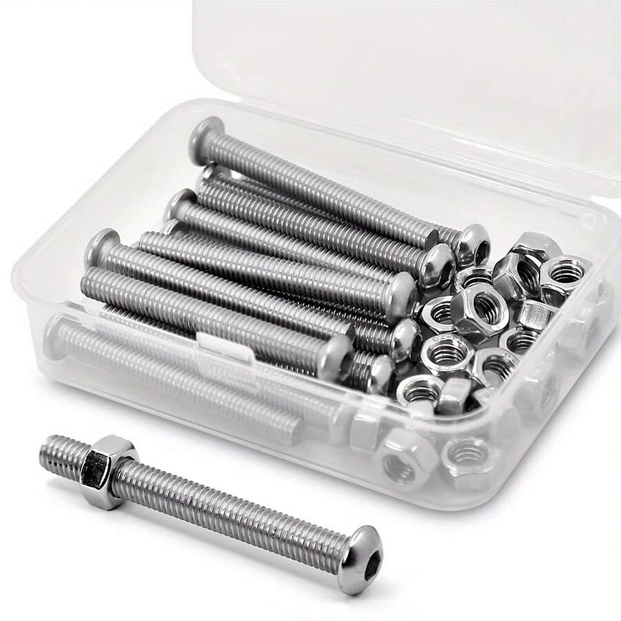 Set De Tornillos De Cabeza Redonda, Tuerca Y De Acero Inoxidable 304 (a2-70) Con Tornillo De Tapón De Enchufe, Alta Suavidad, Rosca De Máquina Completa - Plateado - Ver 1