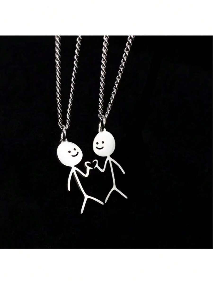 一对趣味卡通情侣项链，可爱男女款，趣味配饰 - 銀色 - 查看 1