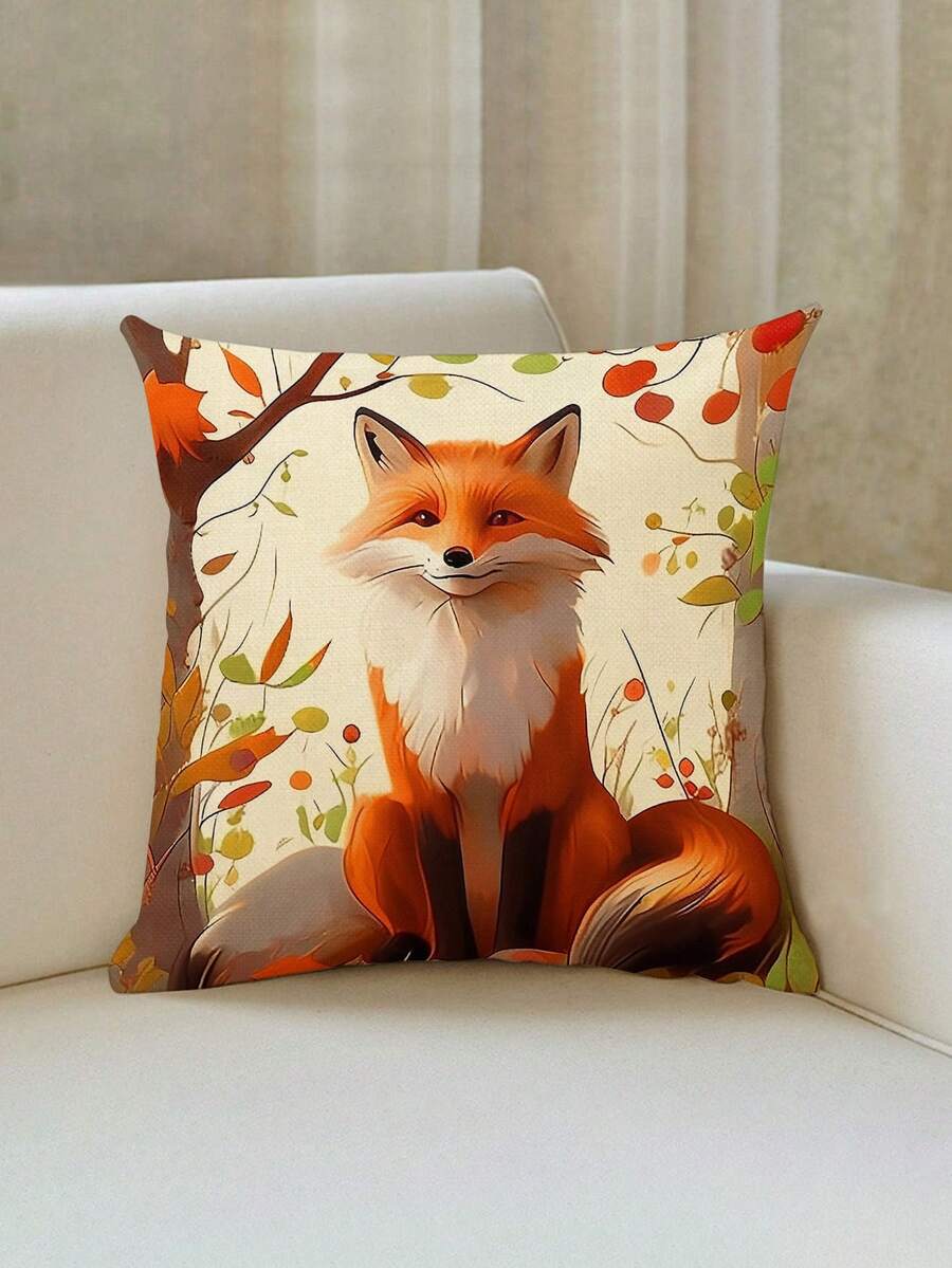 1入狐狸圖案枕套(不含枕芯),可愛的亞麻材質45cm*45cm/17.72英寸*17.72英寸方形印花,拉鍊封閉柔軟舒適墊套,適用於家居裝飾,適合秋冬季節 - 彩色 - 查看 1