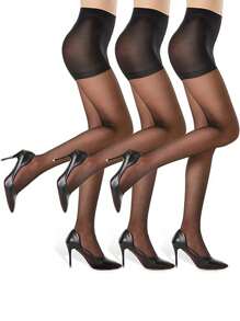 3入組女性超薄透明絲襪,時尚性感,具有額外彈性 - 黑色 - 查看 1