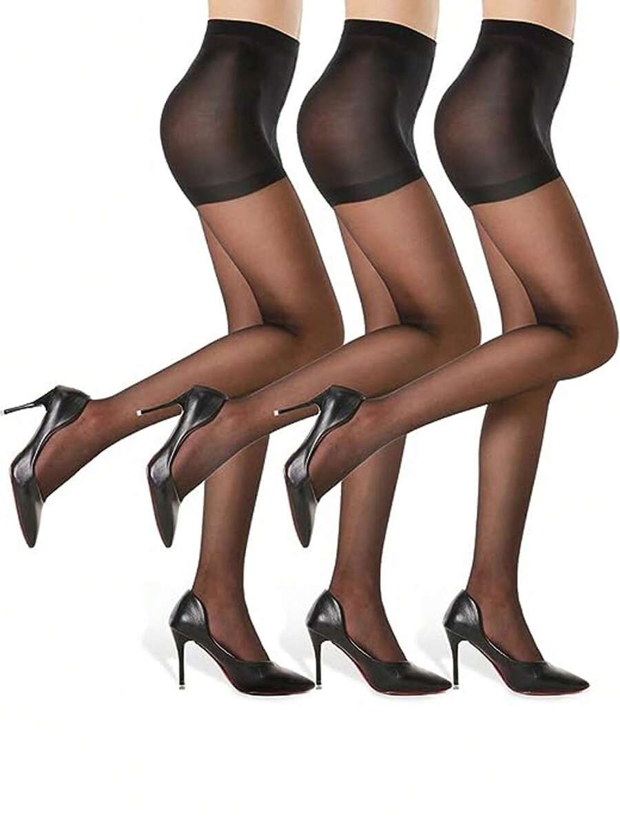 3入組女性超薄透明絲襪,時尚性感,具有額外彈性 - 黑色 - 查看 1