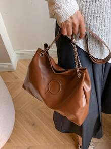 1pc Solid Color Tote Bag With Zipper Closure Suitable For Women's Daily Wear - Brown - View 3