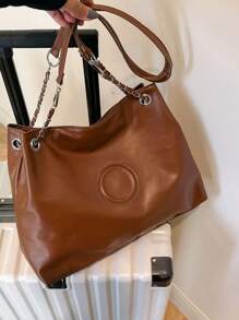 1pc Solid Color Tote Bag With Zipper Closure Suitable For Women's Daily Wear - Brown - View 1
