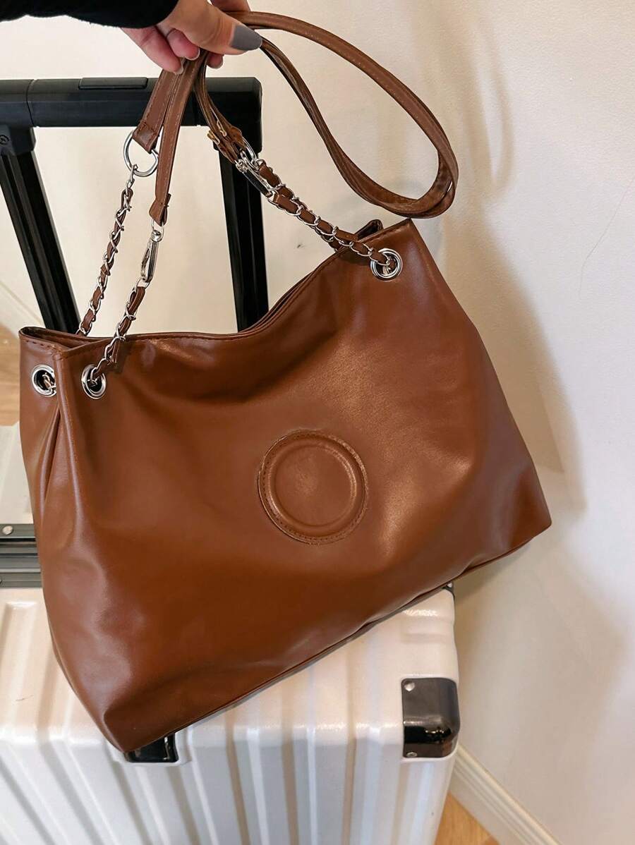1pc Solid Color Tote Bag With Zipper Closure Suitable For Women's Daily Wear - Brown - View 1