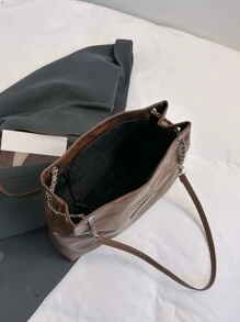 1pc Solid Color Tote Bag With Zipper Closure Suitable For Women's Daily Wear - Brown - View 7