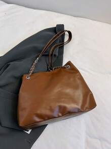 1pc Solid Color Tote Bag With Zipper Closure Suitable For Women's Daily Wear - Brown - View 6
