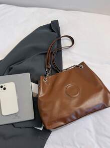 1pc Solid Color Tote Bag With Zipper Closure Suitable For Women's Daily Wear - Brown - View 5