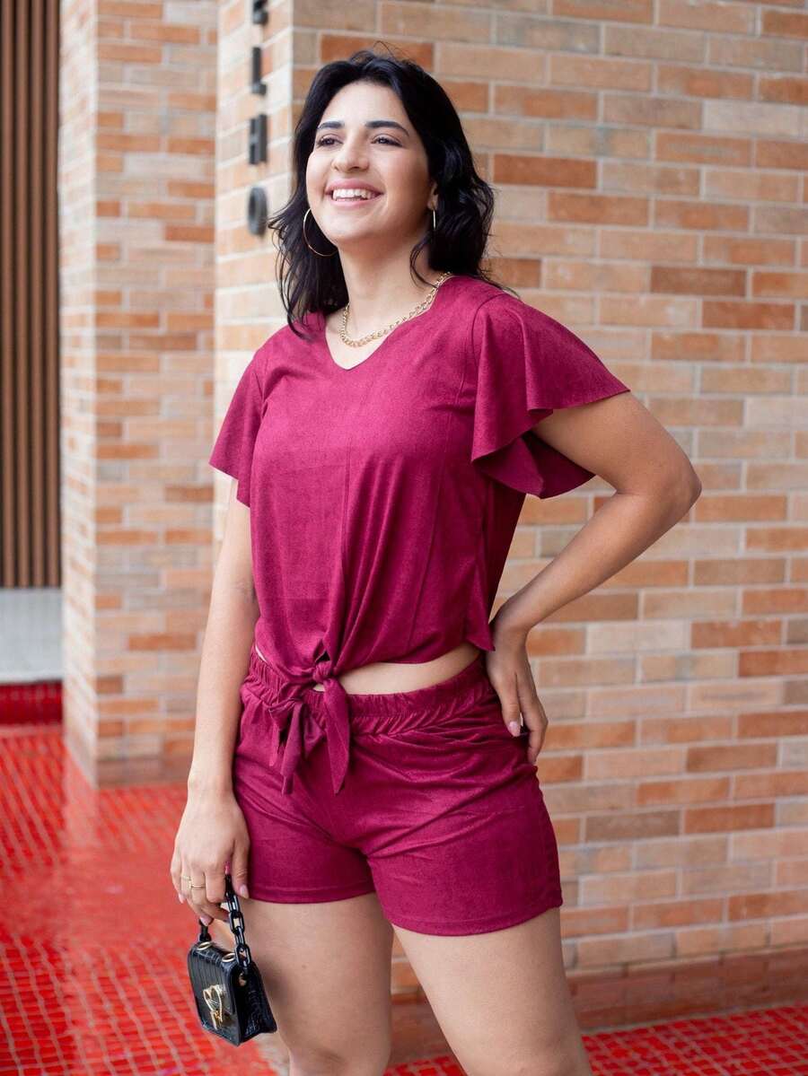 Women Two-piece Outfits - 酒紅色 - 查看 1