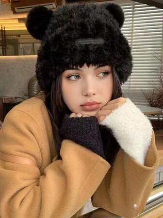 1 pieza Gorra de punto negra con pompón para mujer, elegante y cálida para uso diario de niñas jóvenes, linda para invierno y otoño