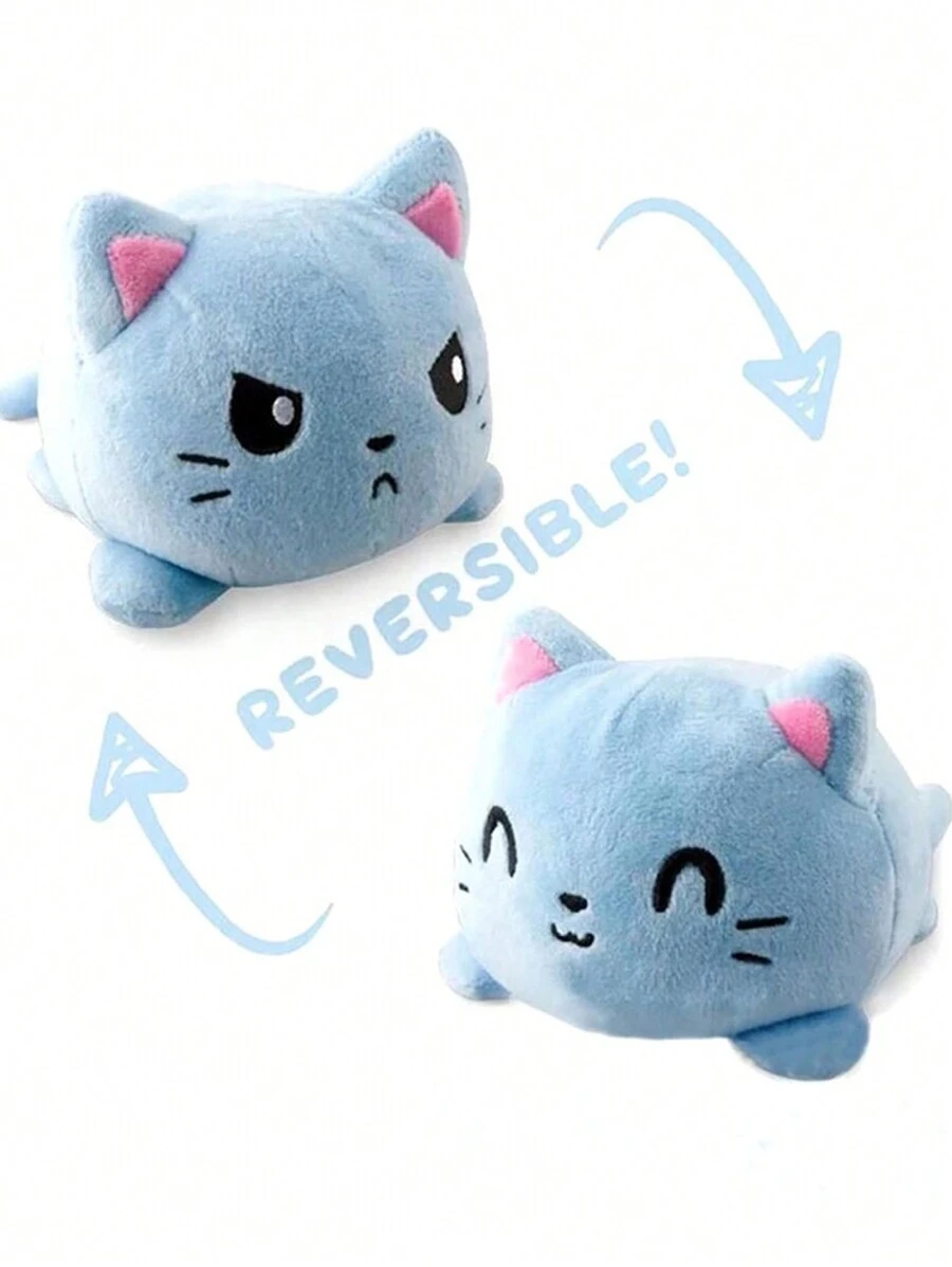 1pc Reversible Flip Cat Plush Toy Cute Animal Expression Change Doll - Blue - View 1