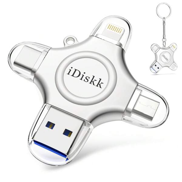 iDiskk MFi-zertifizierter iDiskk 64 GB/128 GB/256 GB/512 GB/1 TB 4-in-1-Kompatibilität mit USB-Stick, externe -Speicherlaufwerk für Fotos, USB-C + USB 3.0 + Lightning + Micro-USB, kompatibel mit -Speicher-USB, funktioniert mit USB-C, kompatibel mit 15 Serie, Android-Smartphones, kompatibel mit iPad und PC (Metall)