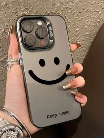1pc IMD Transparent Black "Keep Smiling" Phone Case Compatible With IPhone 13 14 Pro Max 11