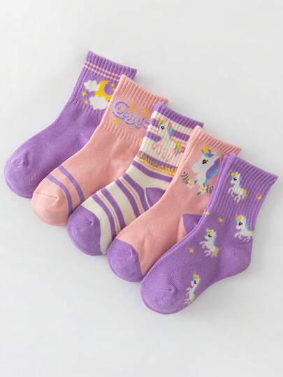 5pairs/pack Girls' Purple Striped Letter Moon Unicorn Crew Socks, Comfortable And Versatile, Suitable For Daily Wear In Autumn And Winter