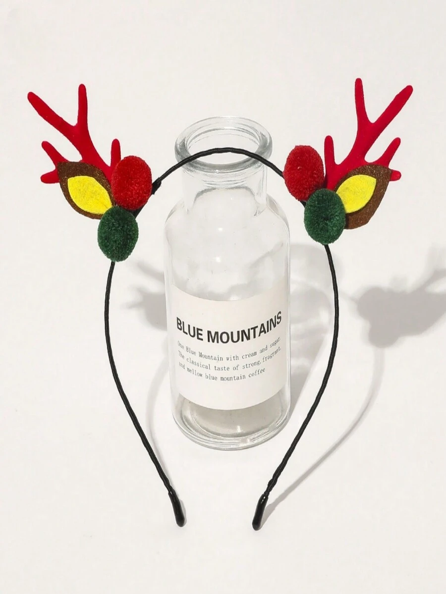 1個彩色塑料鹿角頭箍和毛球設計的女性頭飾,節慶聖誕頭飾