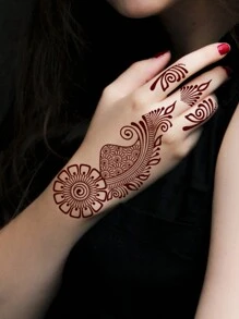 2張海娜紋身貼紙,花卉圖案酒紅色防水刺青貼紙貼於手上 - 棕色 - 查看 2