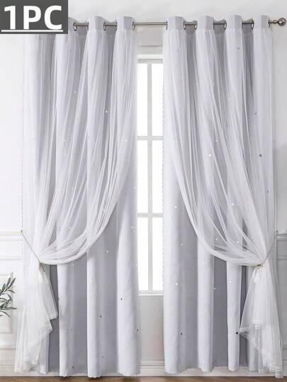 1pc Grey And White Curtains With Small Star Pattern - Perfect For Living Room And Bedroom Made Of Thick Fabric And Sheer, Room Darkening Curtains, Great For Festive Decorations And Cute Princess Style Design