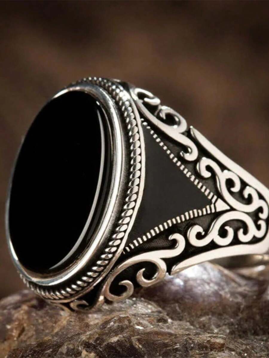 1 Stück Vintage Handgefertigter Ring Für Männer Und Frauen, Mit Schwarzem Stein, Punk Stil, Modischer Islamischer Schmuck - Schwarz - Übersicht 1