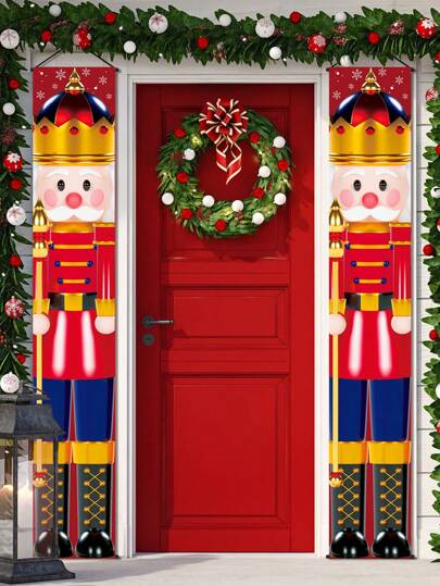2入組聖誕胡桃夾子士兵主題門簾,2023年聖誕派對背景房間裝飾用品背景布橫幅簾幕,戶外裝飾2024年跨年對聯