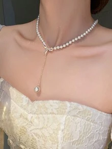1條女性蝴蝶結與珍珠吊墜項鍊,2023年新品,時尚優雅