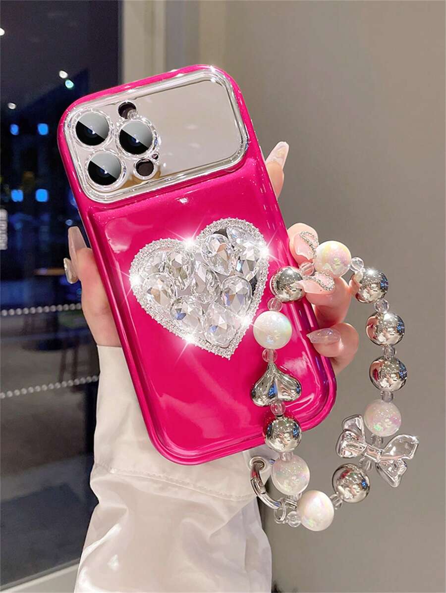 Vòng đeo tay mạ nơ sang trọng Vỏ điện thoại có cửa sổ lớn Tương thích với iPhone 15 Pro Max 14 Pro 12 11 13 Vỏ giữ gương hình trái tim bằng kim cương giả - Màu Hồng Tươi - Xem 1