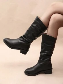 黑色過膝靴,舒適後綁設計,女性新品,內增高,彈性,適用於秋冬季節較短的腿部