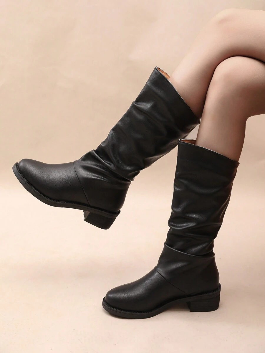 黑色過膝靴,舒適後綁設計,女性新品,內增高,彈性,適用於秋冬季節較短的腿部