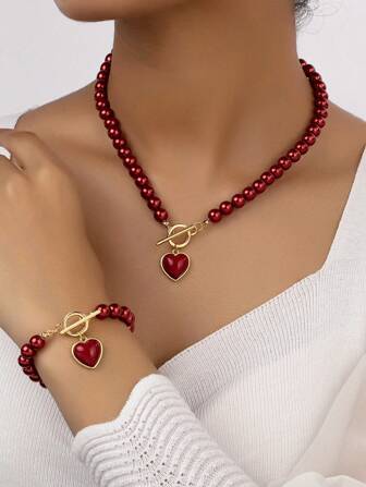 Set de 2 piezas con collar y pulsera con dije en forma de corazón y perla artificial, de estilo europeo y americano de moda para mujeres, ideal como regalo para San Valentín, mamá, madre, Día de la Madre