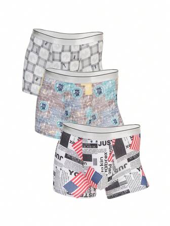 新品3入組男士冰絲內褲,印花,高彈力,舒適,抗菌,透氣,中腰短褲