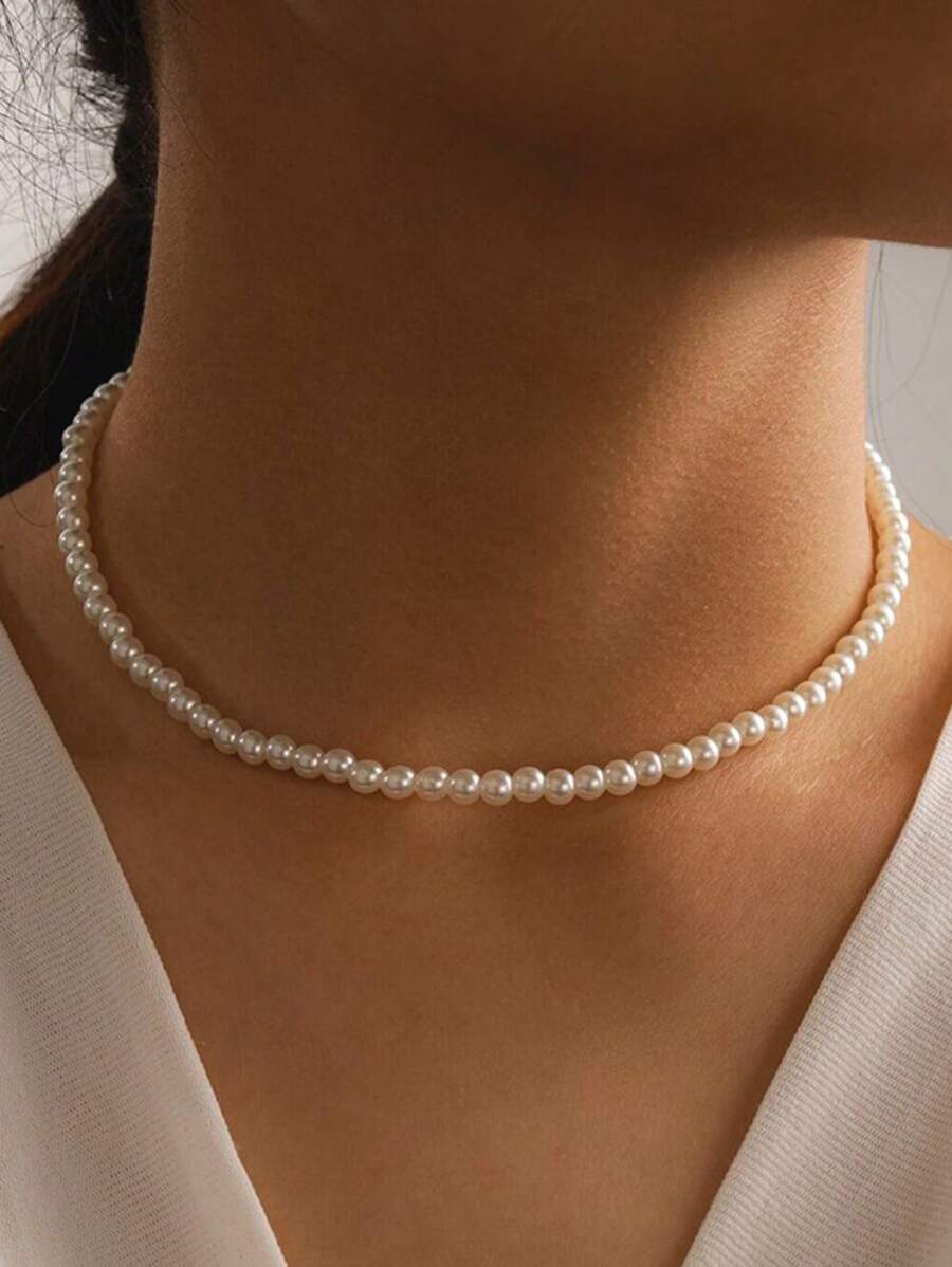 1pc Heart Pendant Faux Pearls Chain Necklace For Women