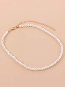 1pc Heart Pendant Faux Pearls Chain Necklace For Women