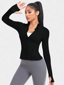 VUTRU Zip Up Thumb Holes Sports Jacket Compression Shirt - Black - View 3