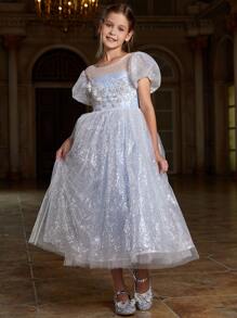 Tween Girls' Puff Sleeve Dress With Applique Decor, Mesh And Sequins Detail - Baby Blue - View 4